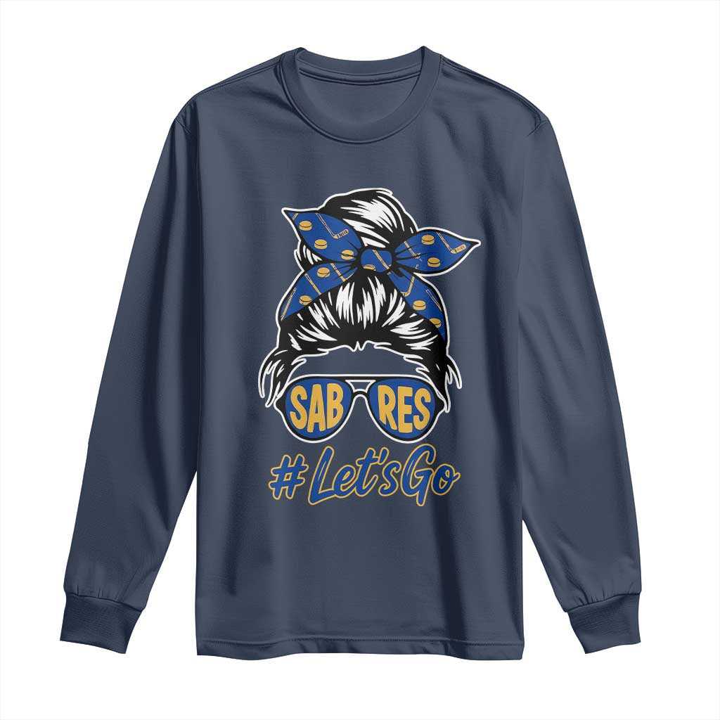 Lets Go Hockey Mom Long Sleeve Shirt Buffalo Messy Bun Sunglasses Sports Fan TS02 Navy Print Your Wear