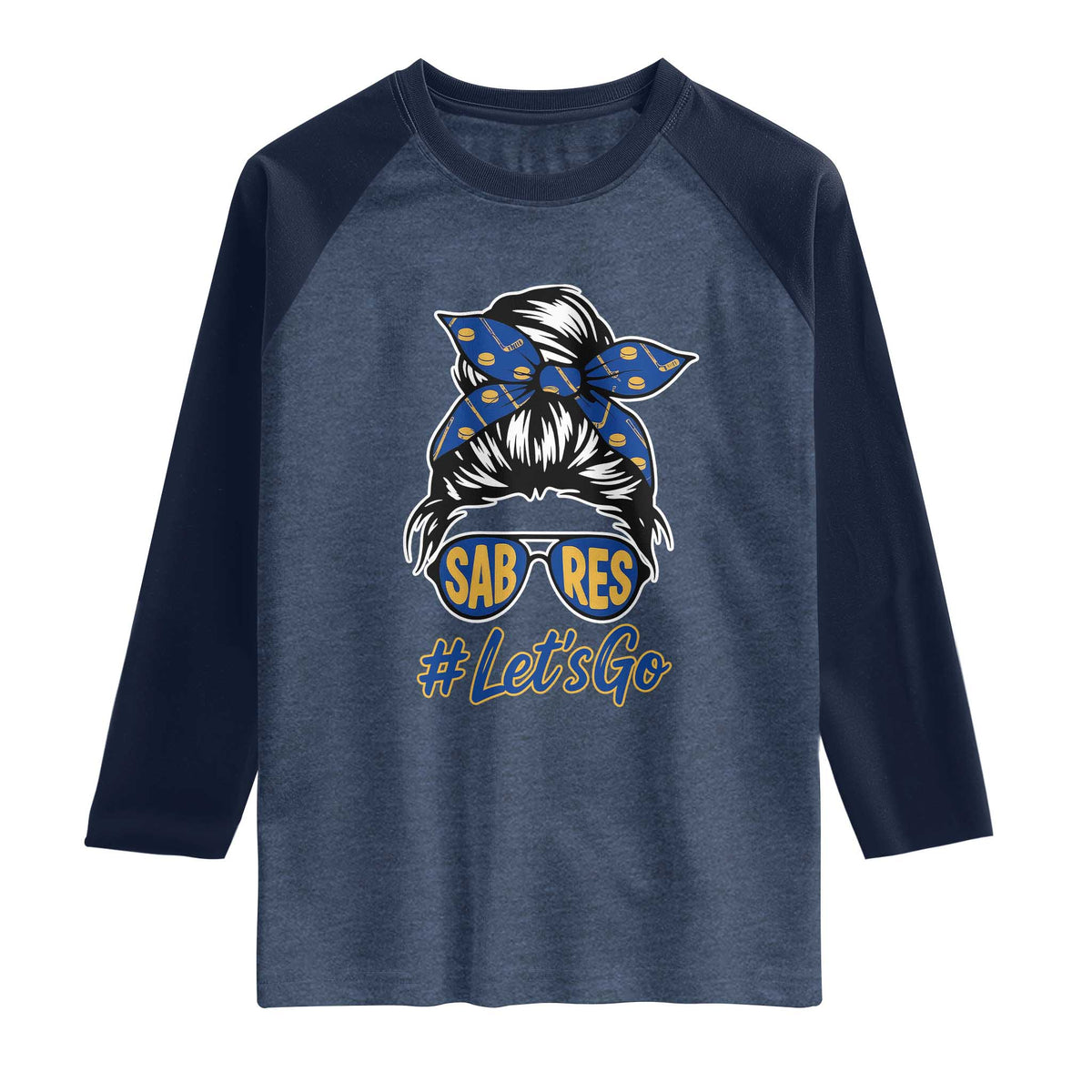 Lets Go Hockey Mom Raglan Shirt Buffalo Messy Bun Sunglasses Sports Fan TS02 Heather Denim Navy Print Your Wear
