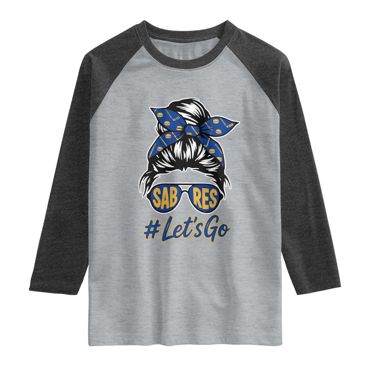 Lets Go Hockey Mom Raglan Shirt Buffalo Messy Bun Sunglasses Sports Fan TS02 Heather Gray Heather Charcoal Print Your Wear