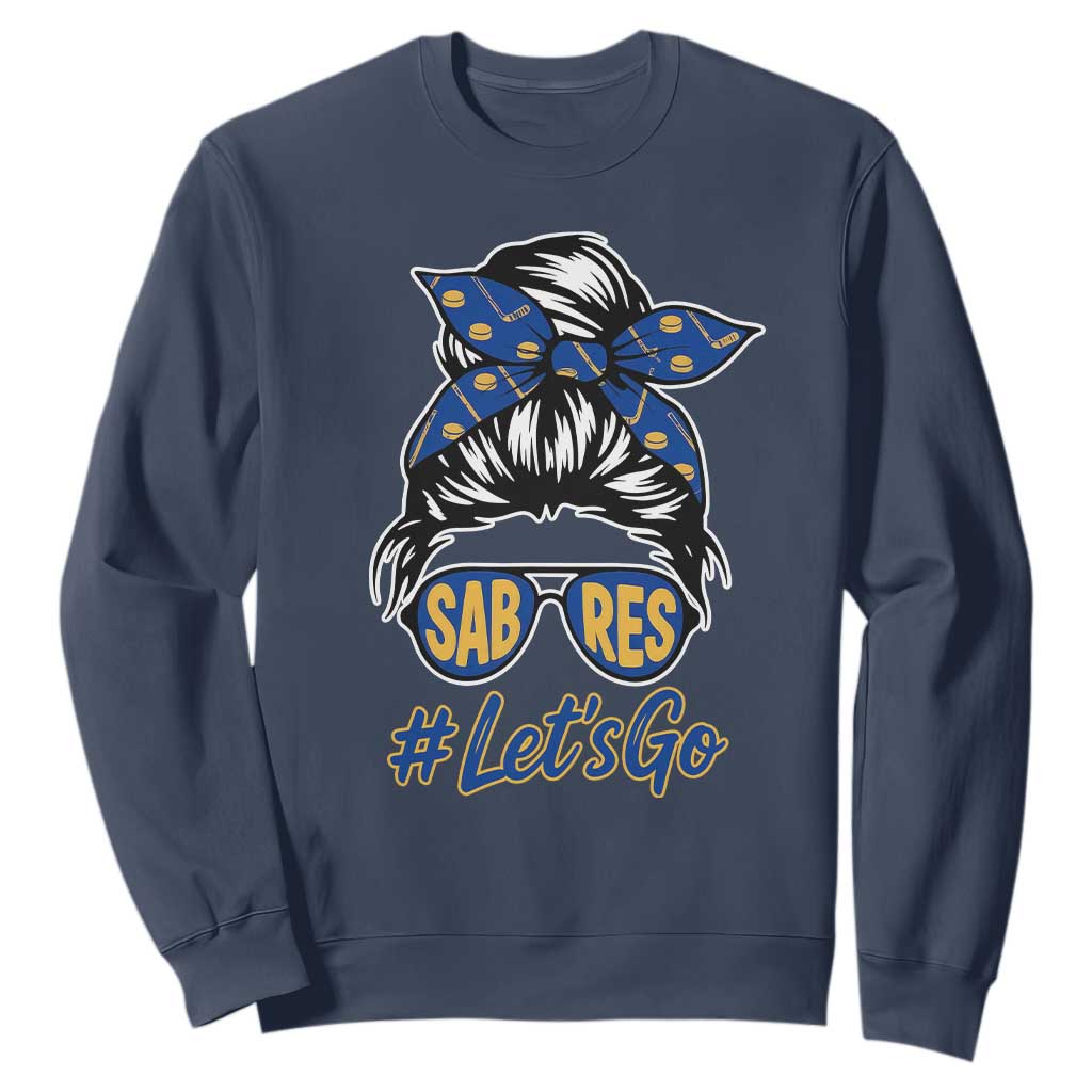 Lets Go Hockey Mom Sweatshirt Buffalo Messy Bun Sunglasses Sports Fan TS02 Navy Print Your Wear