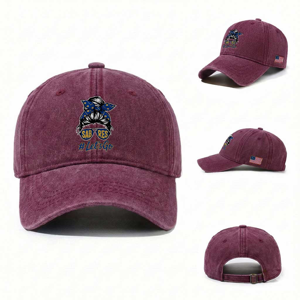 Lets Go Hockey Mom Washed Cotton Baseball Cap Buffalo Messy Bun Sunglasses Sports Fan TS02 Washed Cap Universal Fit Burgundy Print Your Wear