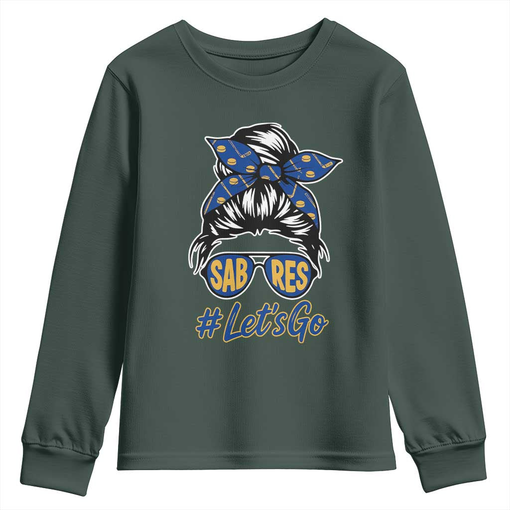 Lets Go Hockey Mom Youth Sweatshirt Buffalo Messy Bun Sunglasses Sports Fan TS02 Dark Forest Green Print Your Wear