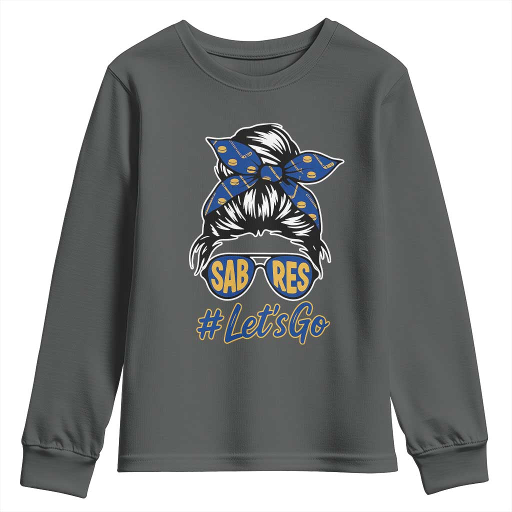Lets Go Hockey Mom Youth Sweatshirt Buffalo Messy Bun Sunglasses Sports Fan TS02 Dark Heather Print Your Wear