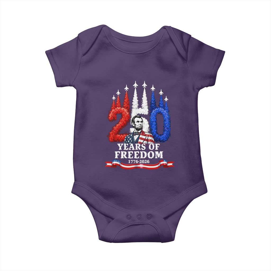 250 Years of Freedom Abraham Lincoln Patriotic Baby Onesie US Fighter Jets Red White and Blue 1776 to 2026 Semiquincentennial TS02 Purple Print Your Wear