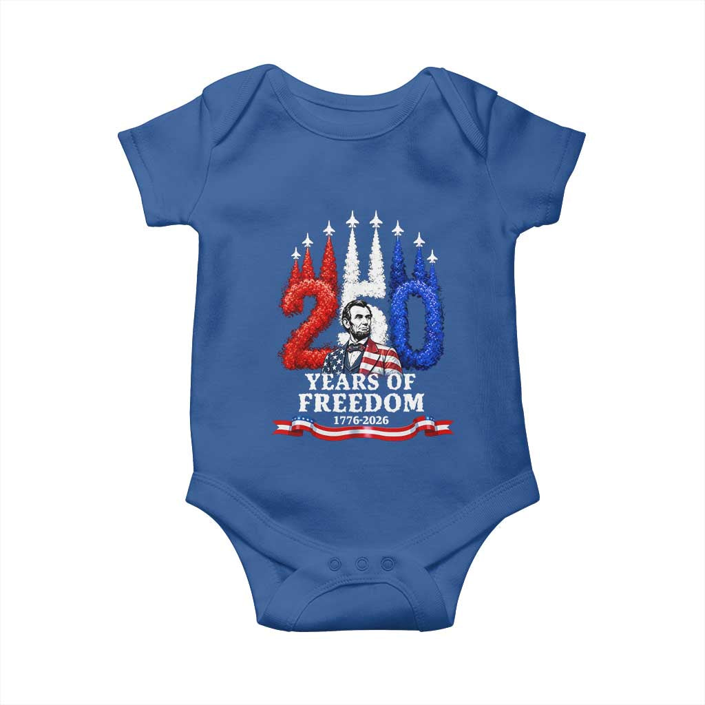 250 Years of Freedom Abraham Lincoln Patriotic Baby Onesie US Fighter Jets Red White and Blue 1776 to 2026 Semiquincentennial TS02 Royal Blue Print Your Wear
