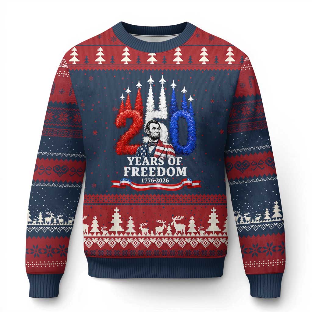 250 Years of Freedom Abraham Lincoln Patriotic Ugly Christmas Sweater US Fighter Jets Red White and Blue 1776 to 2026 Semiquincentennial TS02 Navy Red Print Your Wear