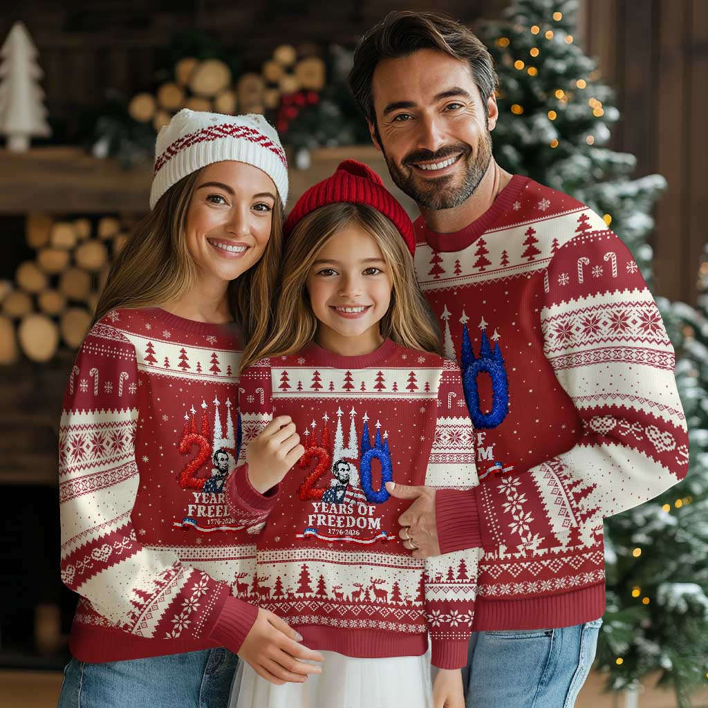 250 Years of Freedom Abraham Lincoln Patriotic Ugly Christmas Sweater US Fighter Jets Red White and Blue 1776 to 2026 Semiquincentennial TS02 Red Beige Print Your Wear