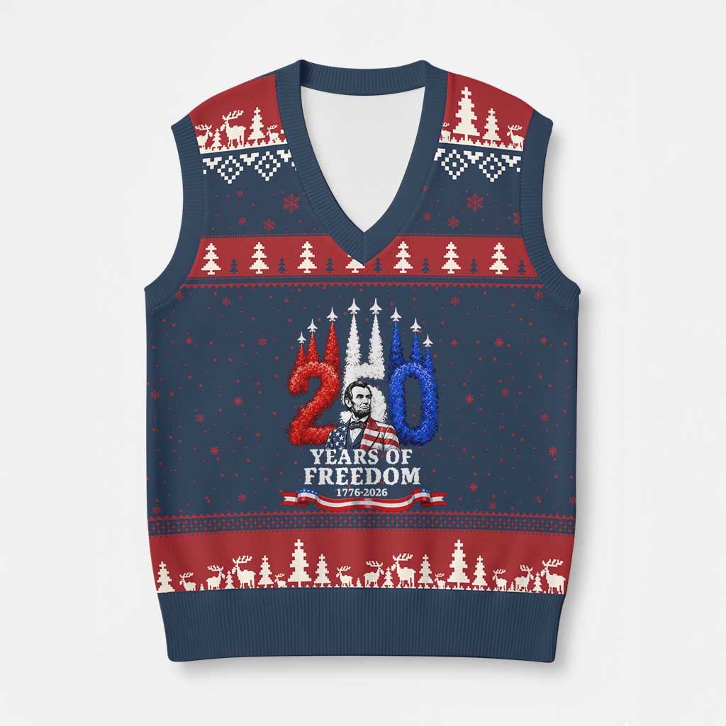250 Years of Freedom Abraham Lincoln Patriotic V-Neck Knit Sweater Vest US Fighter Jets Red White and Blue 1776 to 2026 Semiquincentennial TS02 Navy Red Print Your Wear
