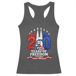 250 Years of Freedom Abraham Lincoln Patriotic Racerback Tank Top US Fighter Jets Red White and Blue 1776 to 2026 Semiquincentennial TS02 Dark Heather Print Your Wear