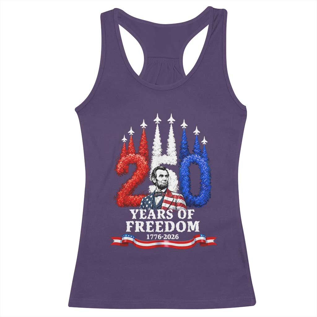 250 Years of Freedom Abraham Lincoln Patriotic Racerback Tank Top US Fighter Jets Red White and Blue 1776 to 2026 Semiquincentennial TS02 Purple Print Your Wear