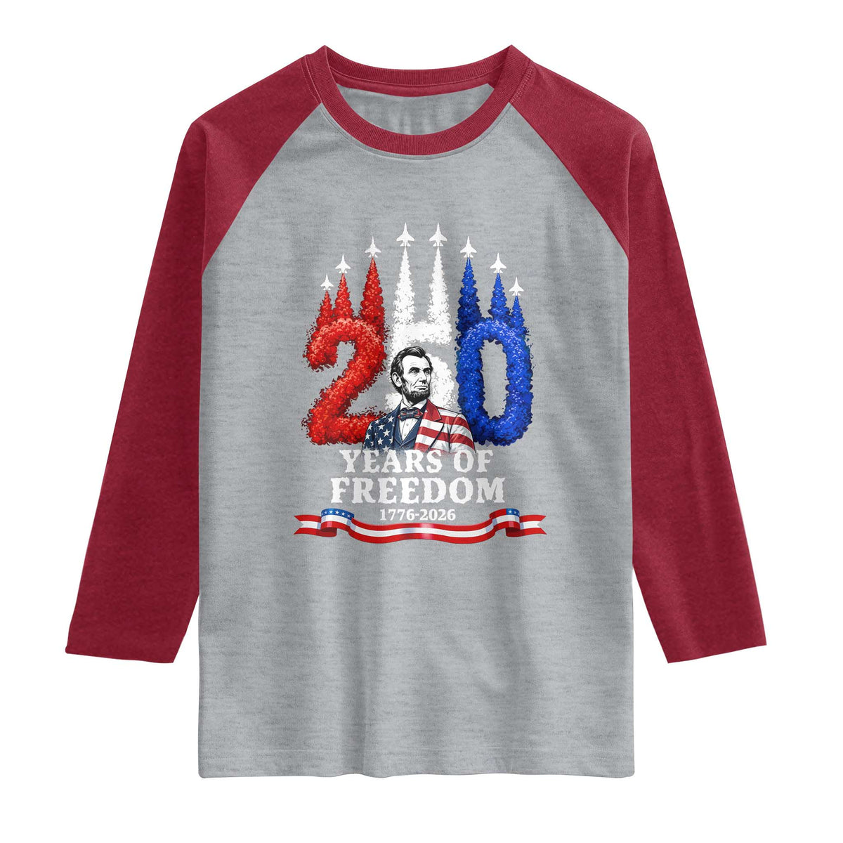 250 Years of Freedom Abraham Lincoln Patriotic Raglan Shirt US Fighter Jets Red White and Blue 1776 to 2026 Semiquincentennial TS02 Heather Gray Heather Red Print Your Wear
