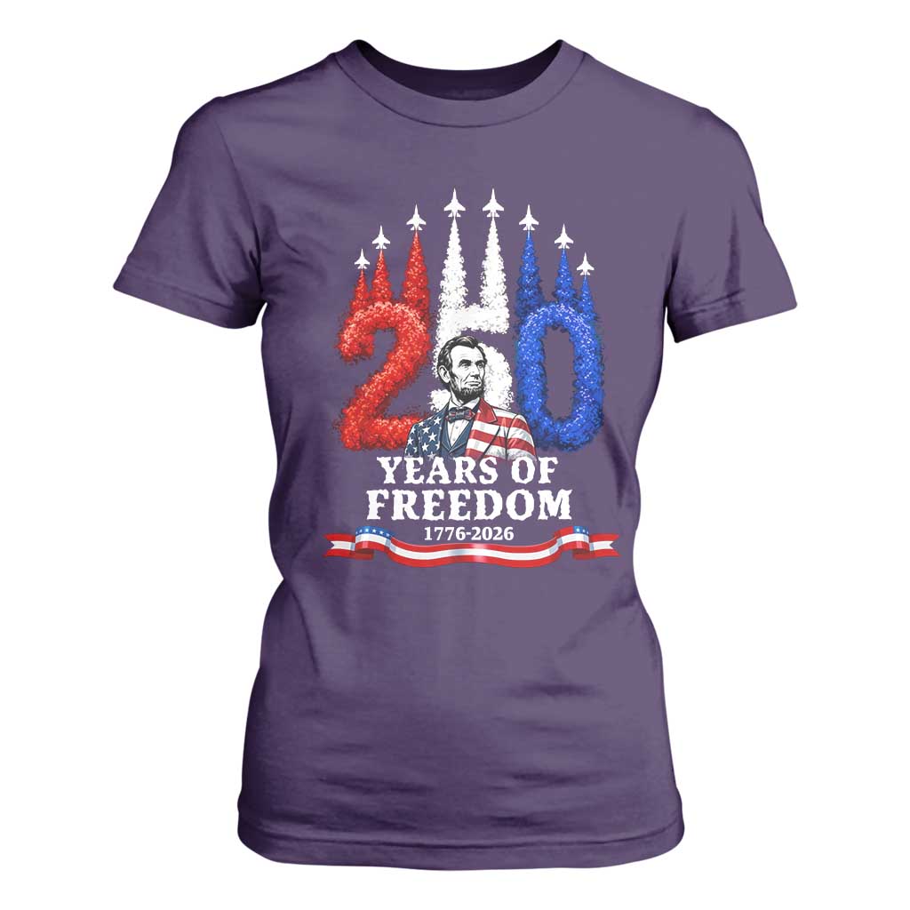 250 Years of Freedom Abraham Lincoln Patriotic T Shirt For Women US Fighter Jets Red White and Blue 1776 to 2026 Semiquincentennial TS02 Purple Print Your Wear