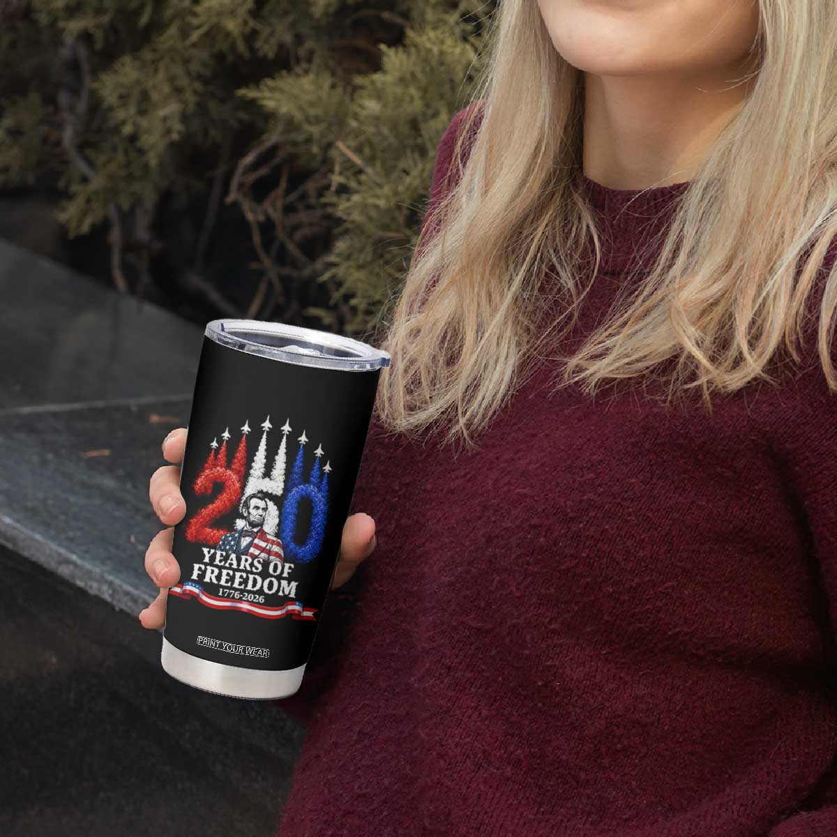 250 Years of Freedom Abraham Lincoln Patriotic Tumbler Cup US Fighter Jets Red White and Blue 1776 to 2026 Semiquincentennial TS02 Print Your Wear