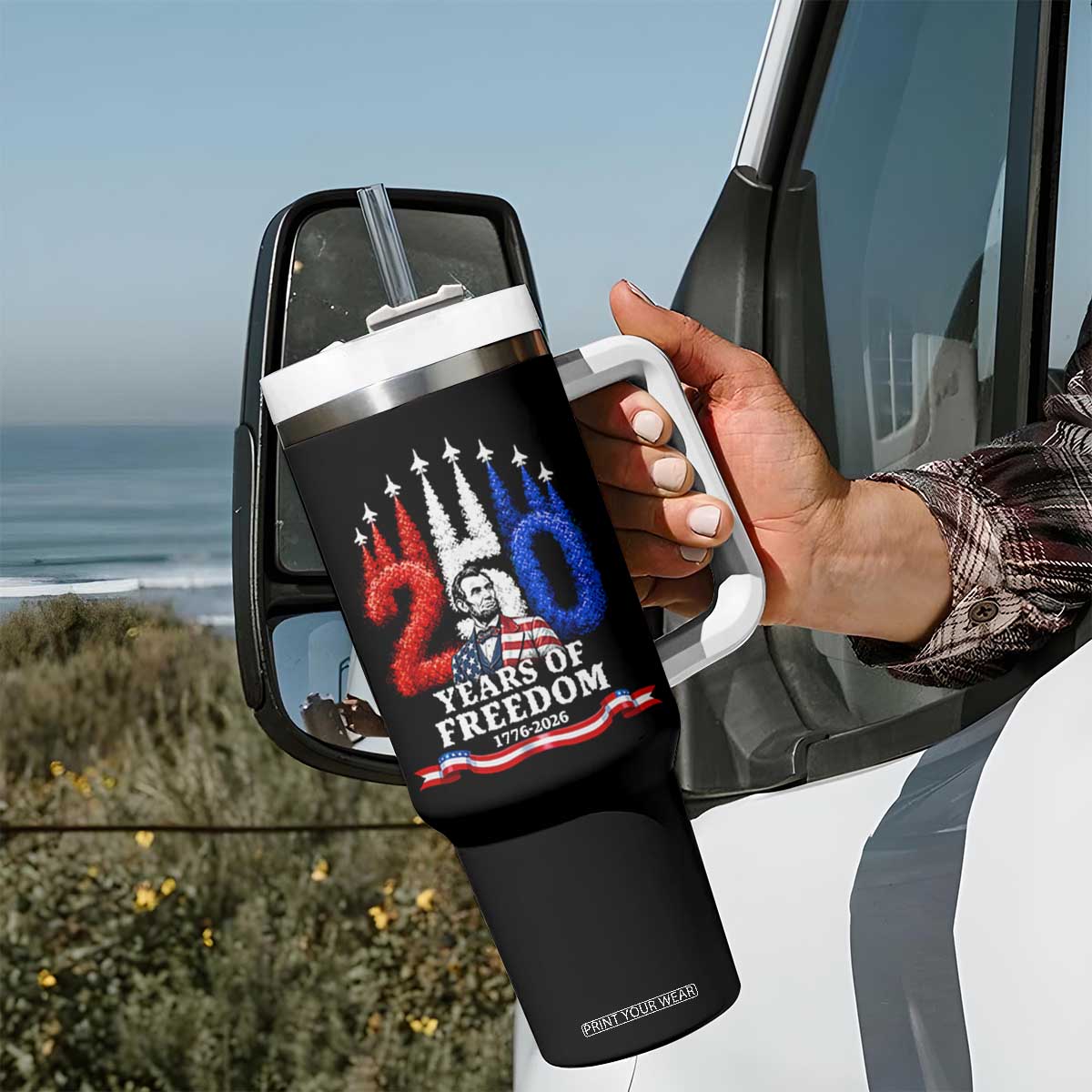 250 Years of Freedom Abraham Lincoln Patriotic Tumbler With Handle US Fighter Jets Red White and Blue 1776 to 2026 Semiquincentennial TS02 Print Your Wear