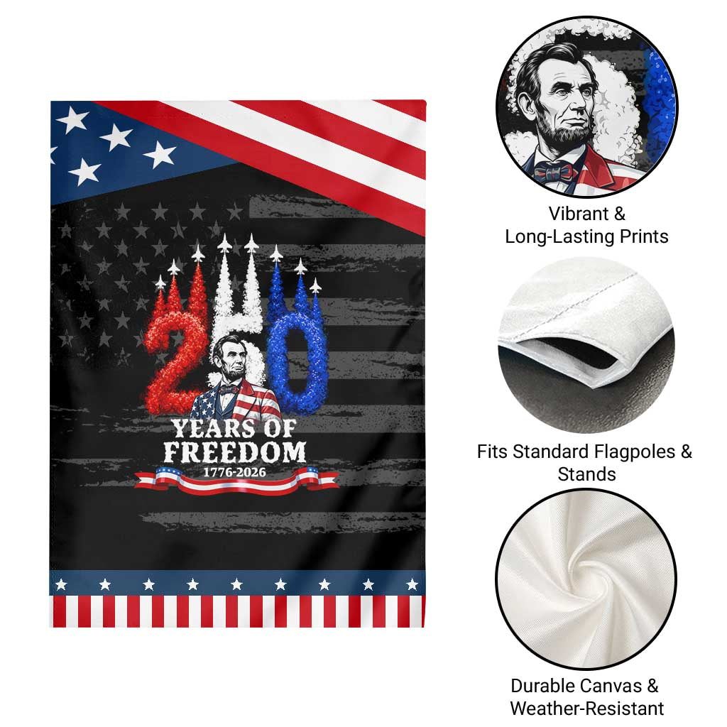 250 Years of Freedom Abraham Lincoln Patriotic Garden Flag US Fighter Jets Red White and Blue 1776 to 2026 Semiquincentennial