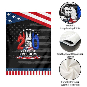 250 Years of Freedom Abraham Lincoln Patriotic Garden Flag US Fighter Jets Red White and Blue 1776 to 2026 Semiquincentennial