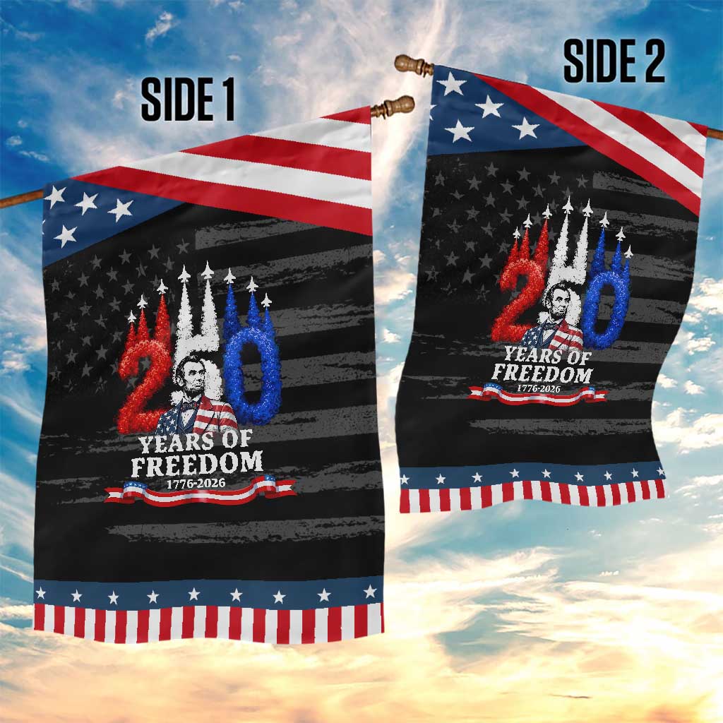 250 Years of Freedom Abraham Lincoln Patriotic Garden Flag US Fighter Jets Red White and Blue 1776 to 2026 Semiquincentennial