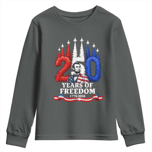 250 Years of Freedom Abraham Lincoln Patriotic Youth Sweatshirt US Fighter Jets Red White and Blue 1776 to 2026 Semiquincentennial TS02 Dark Heather Print Your Wear
