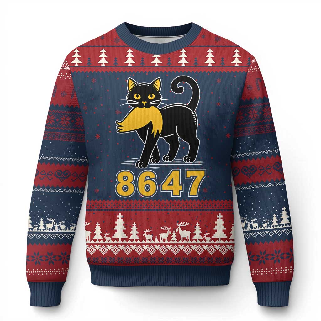 8647 Black Cat Golden Hair Prey Ugly Christmas Sweater Funny Coded Political Satire TS02 Navy Red Print Your Wear