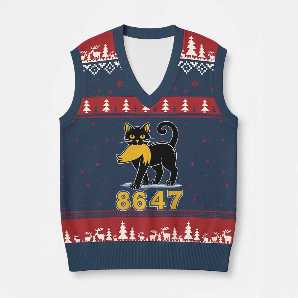 8647 Black Cat Golden Hair Prey V-Neck Knit Sweater Vest Funny Coded Political Satire TS02 Navy Red Print Your Wear