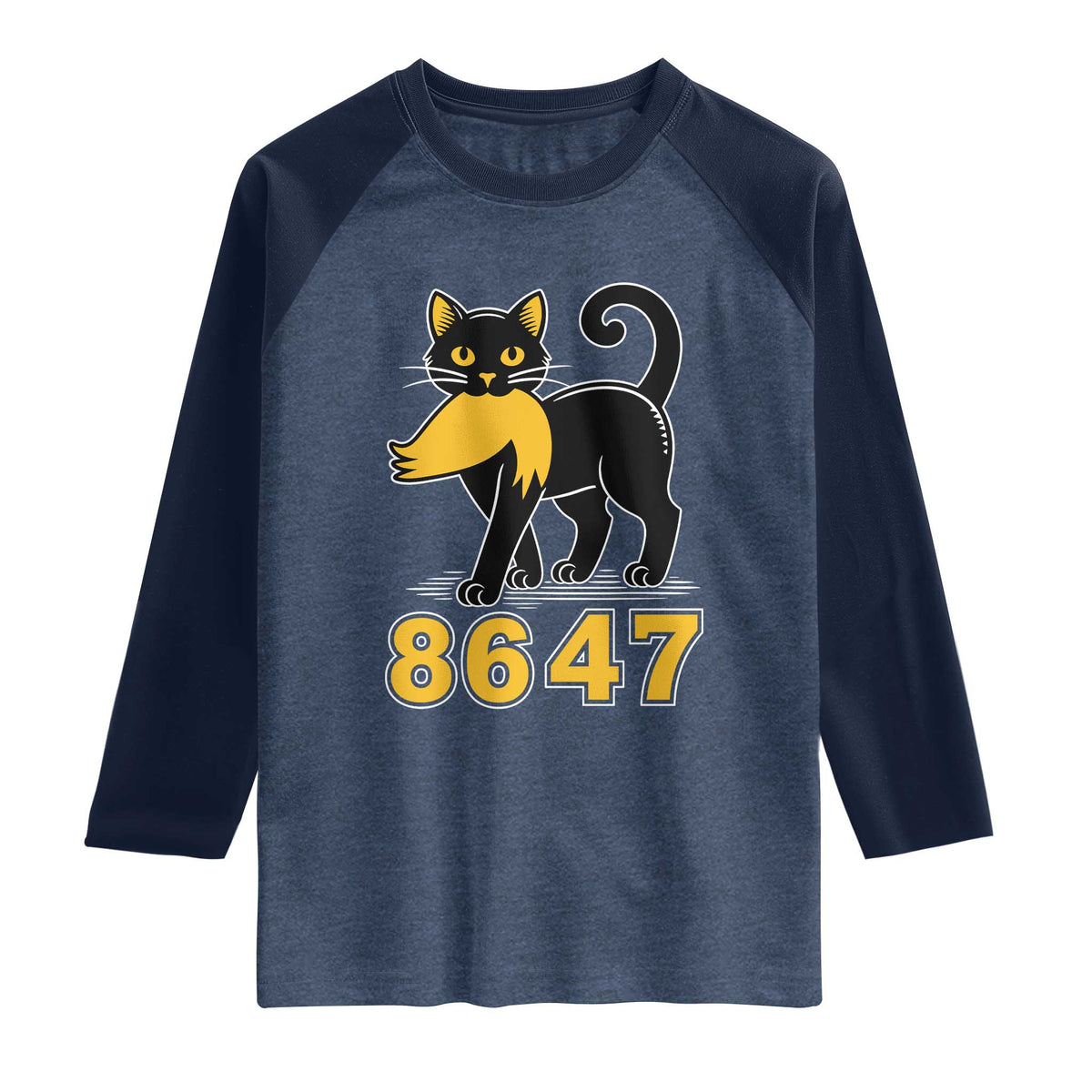 8647 Black Cat Golden Hair Prey Raglan Shirt Funny Coded Political Satire TS02 Heather Denim Navy Print Your Wear