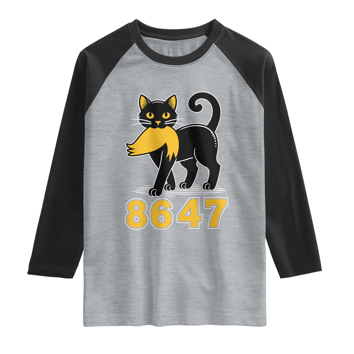 8647 Black Cat Golden Hair Prey Raglan Shirt Funny Coded Political Satire TS02 Heather Gray Black Print Your Wear