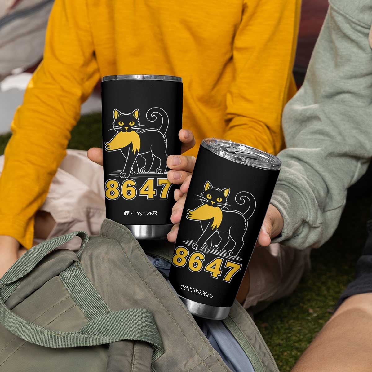 8647 Black Cat Golden Hair Prey Tumbler Cup Funny Coded Political Satire TS02 Print Your Wear