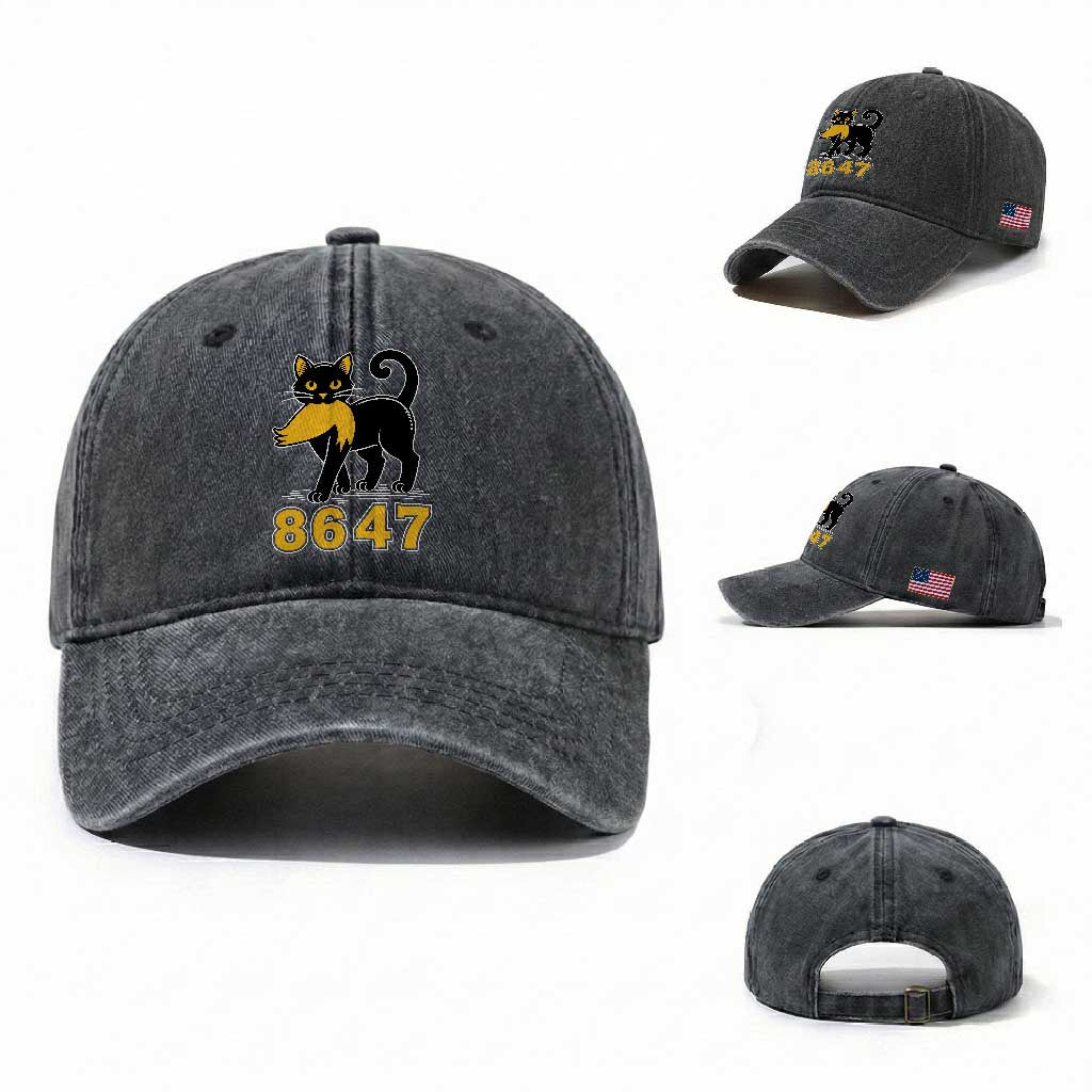 8647 Black Cat Golden Hair Prey Washed Cotton Baseball Cap Funny Coded Political Satire TS02 Washed Cap Universal Fit Dark Gray Print Your Wear