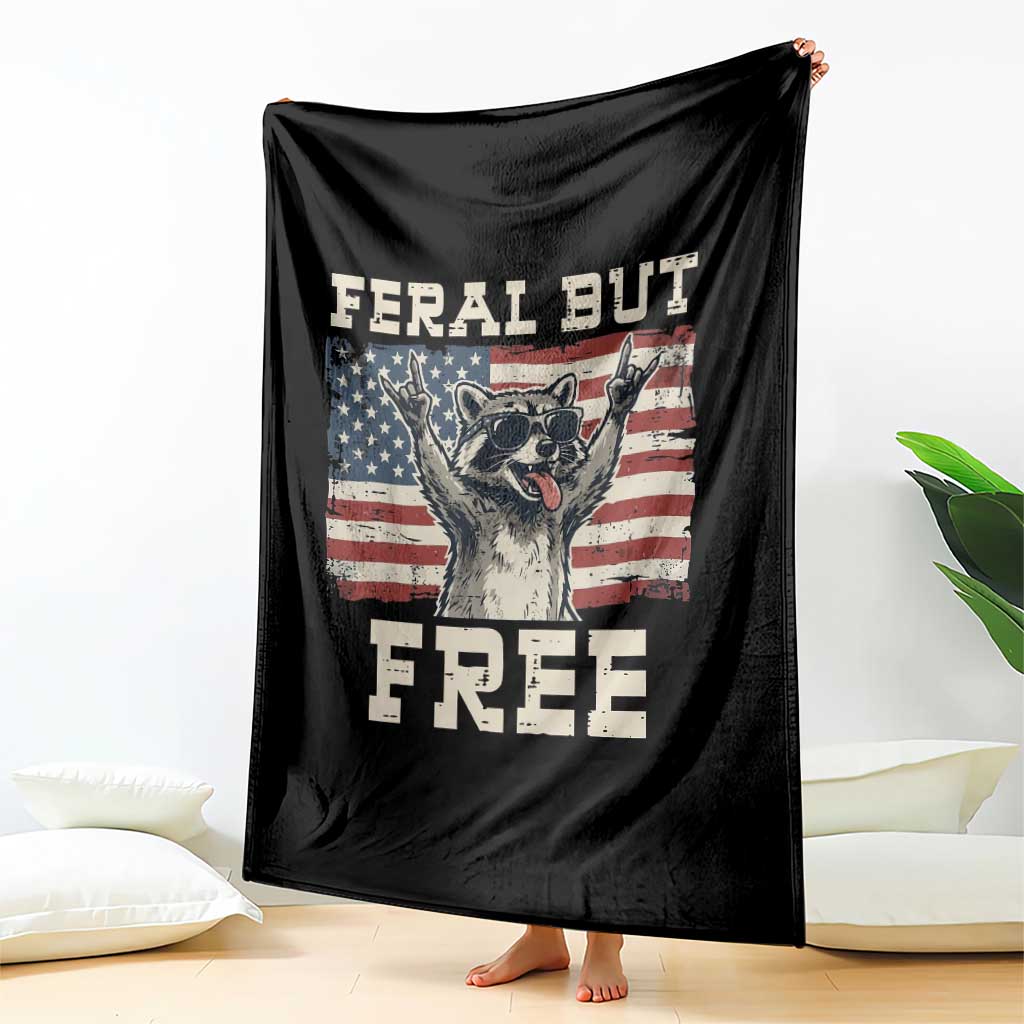 Feral But Free Funny Raccoon Patriotic Throw Blanket Cool American Flag Sunglasses Rock On Hand Signs Vintage USA Flag TS02 Print Your Wear