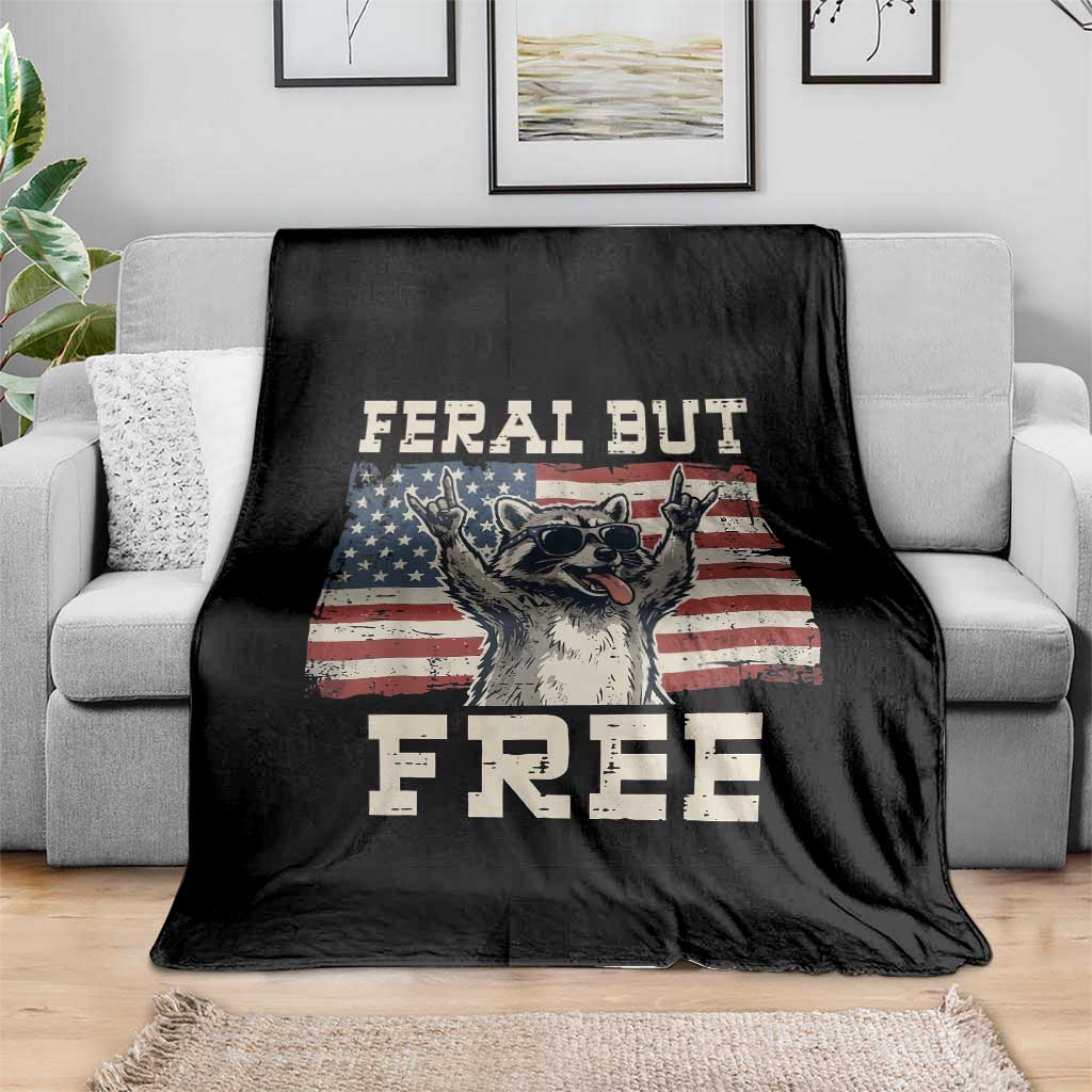 Feral But Free Funny Raccoon Patriotic Throw Blanket Cool American Flag Sunglasses Rock On Hand Signs Vintage USA Flag TS02 Print Your Wear