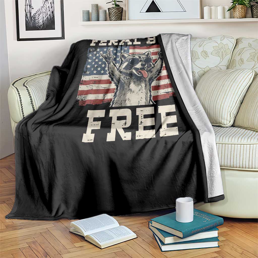 Feral But Free Funny Raccoon Patriotic Throw Blanket Cool American Flag Sunglasses Rock On Hand Signs Vintage USA Flag TS02 Print Your Wear