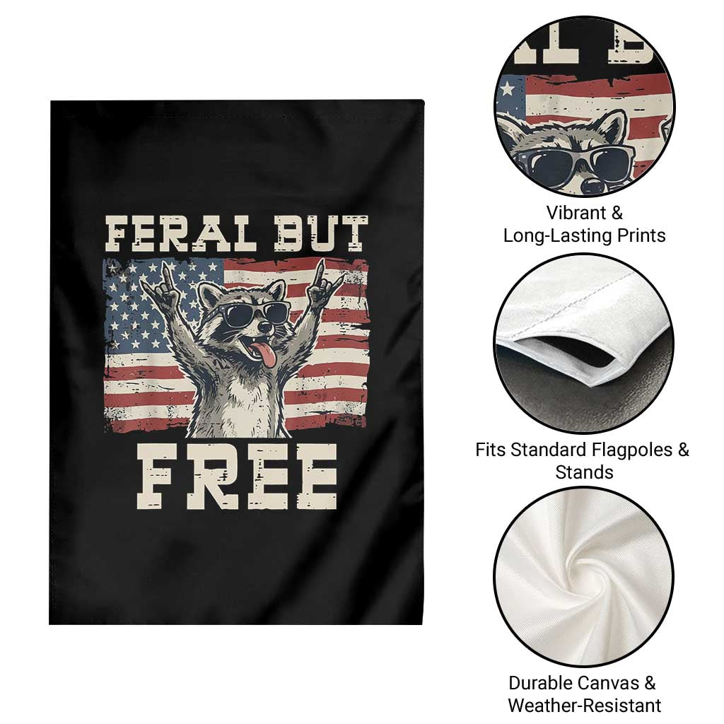 Feral But Free Funny Raccoon Patriotic Garden Flag Cool American Flag Sunglasses Rock On Hand Signs Vintage USA Flag TS02 Print Your Wear