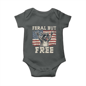 Feral But Free Funny Raccoon Patriotic Baby Onesie Cool American Flag Sunglasses Rock On Hand Signs Vintage USA Flag TS02 Dark Heather Print Your Wear