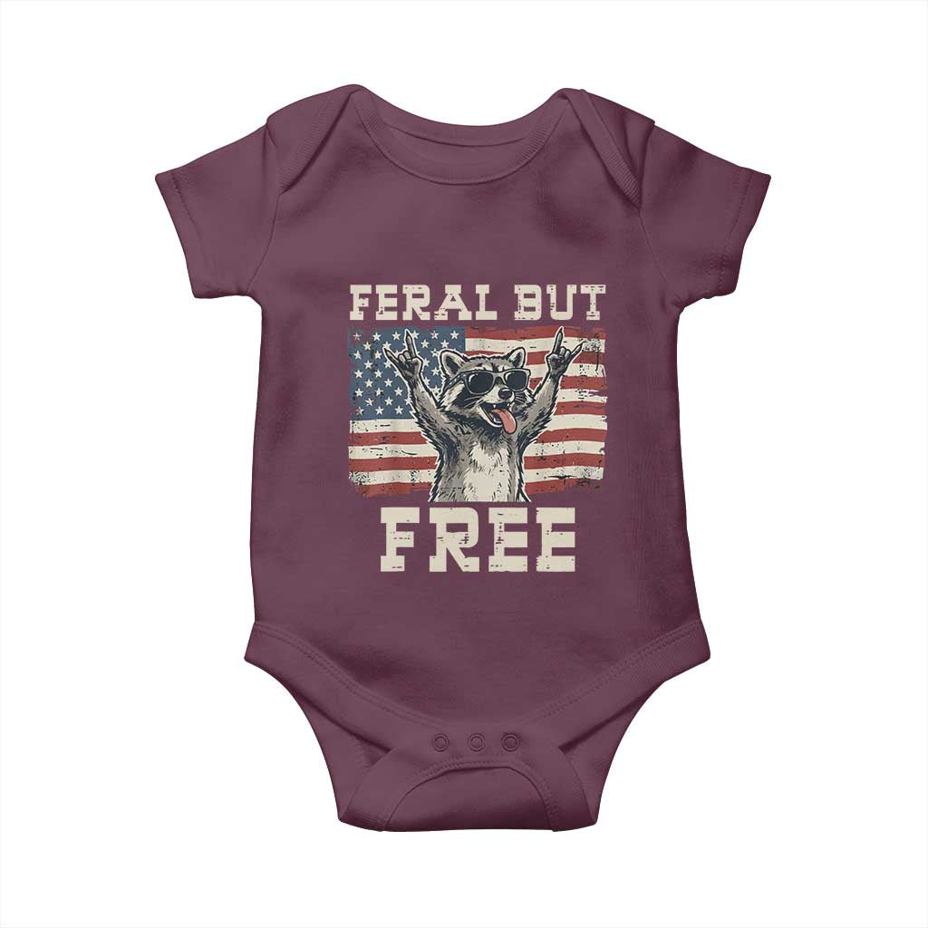 Feral But Free Funny Raccoon Patriotic Baby Onesie Cool American Flag Sunglasses Rock On Hand Signs Vintage USA Flag TS02 Maroon Print Your Wear