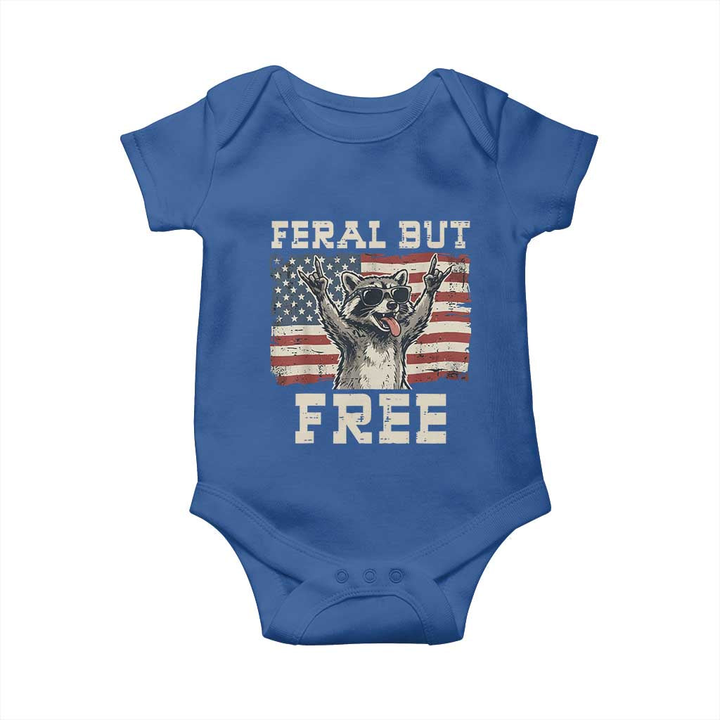 Feral But Free Funny Raccoon Patriotic Baby Onesie Cool American Flag Sunglasses Rock On Hand Signs Vintage USA Flag TS02 Royal Blue Print Your Wear