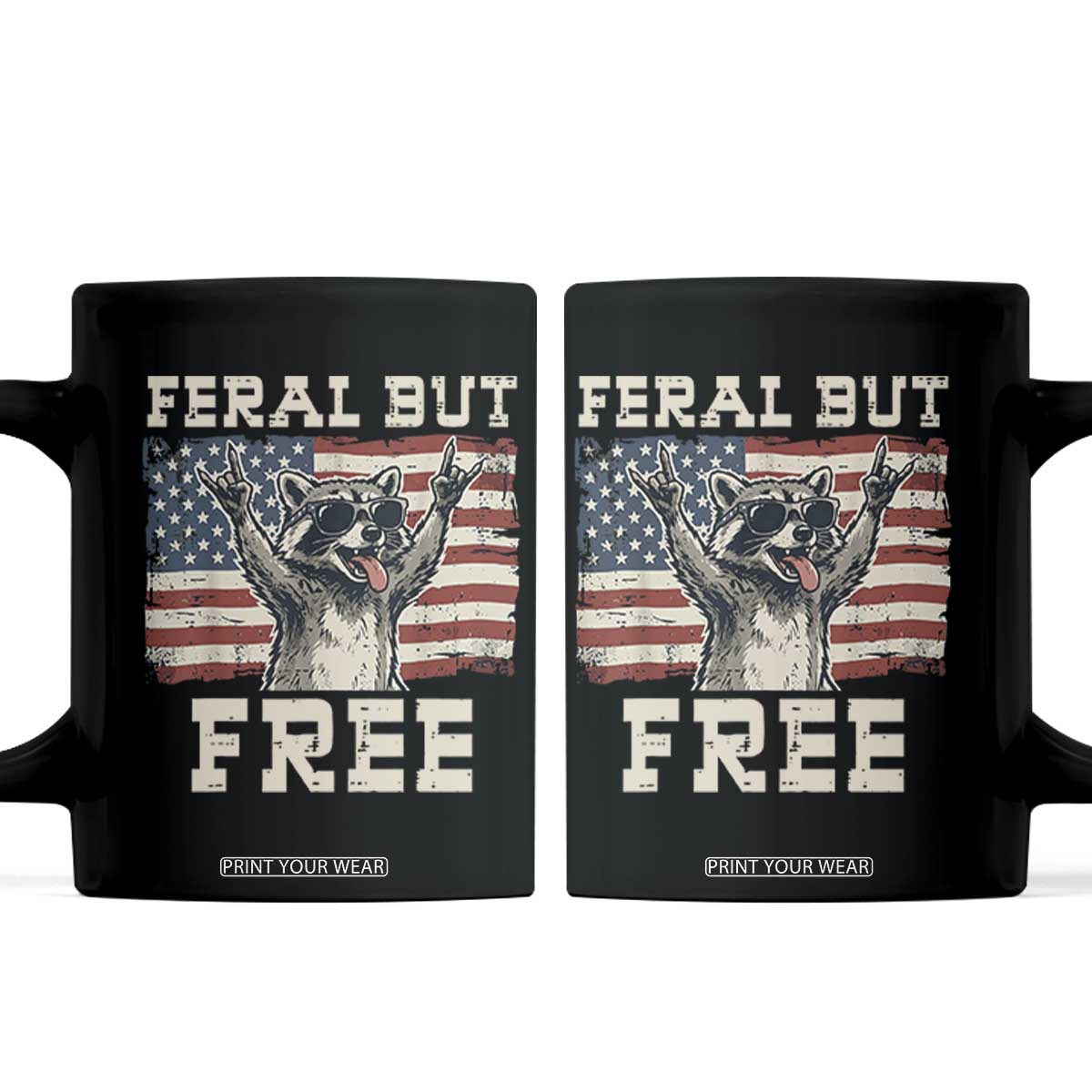 Feral But Free Funny Raccoon Patriotic Coffee Mug Cool American Flag Sunglasses Rock On Hand Signs Vintage USA Flag