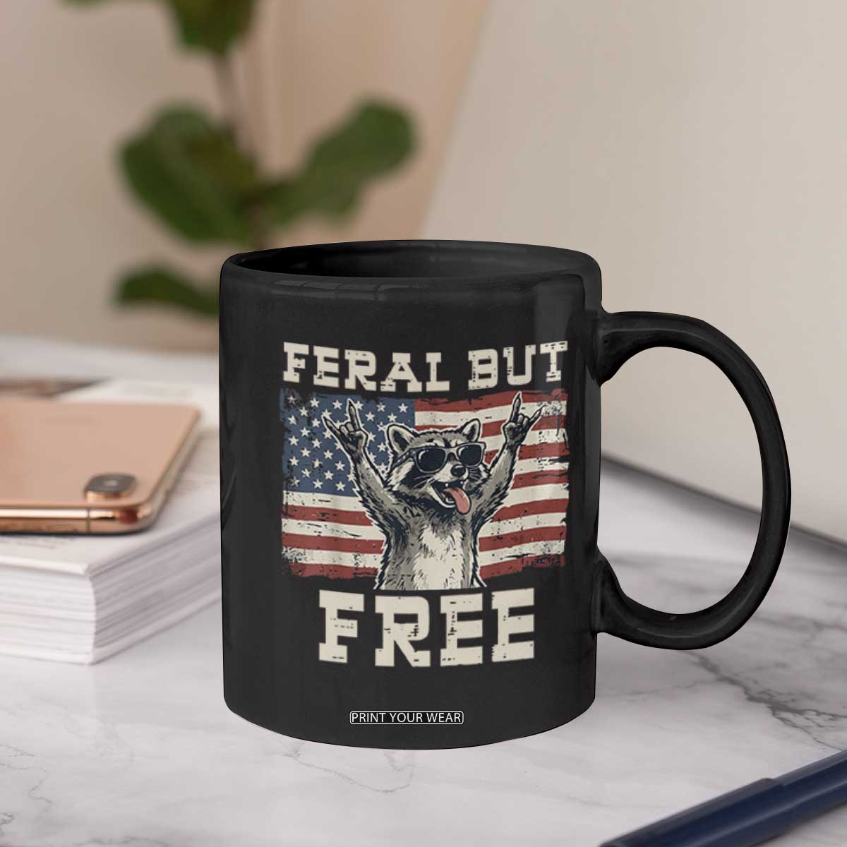 Feral But Free Funny Raccoon Patriotic Coffee Mug Cool American Flag Sunglasses Rock On Hand Signs Vintage USA Flag TS02 Print Your Wear