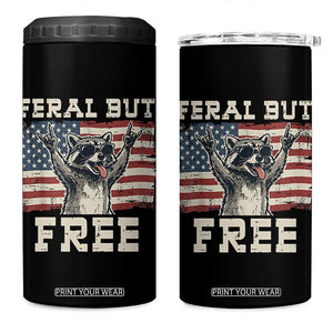 Feral But Free Funny Raccoon Patriotic 4 in 1 Can Cooler Tumbler Cool American Flag Sunglasses Rock On Hand Signs Vintage USA Flag