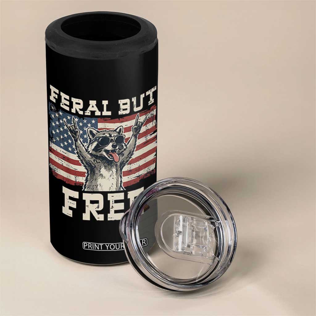 Feral But Free Funny Raccoon Patriotic 4 in 1 Can Cooler Tumbler Cool American Flag Sunglasses Rock On Hand Signs Vintage USA Flag