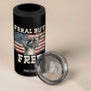 Feral But Free Funny Raccoon Patriotic 4 in 1 Can Cooler Tumbler Cool American Flag Sunglasses Rock On Hand Signs Vintage USA Flag