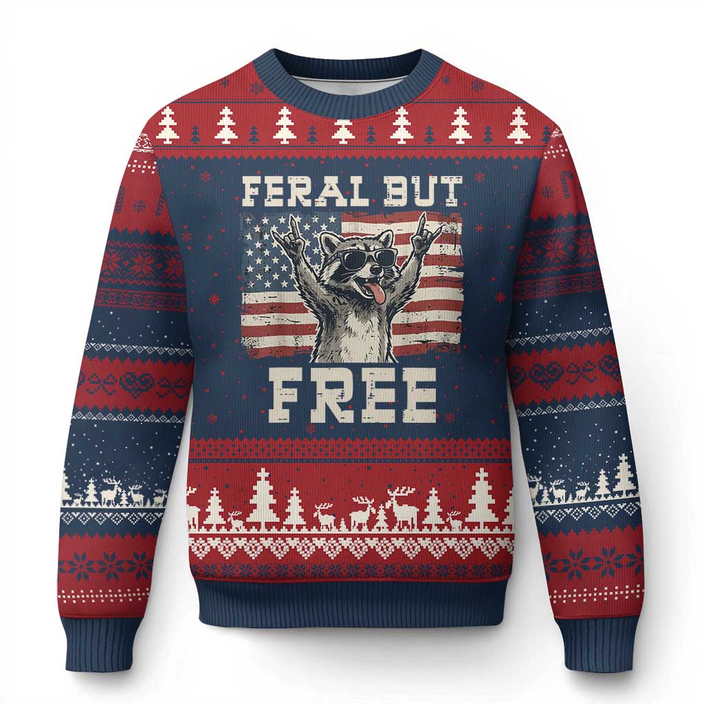 Feral But Free Funny Raccoon Patriotic Ugly Christmas Sweater Cool American Flag Sunglasses Rock On Hand Signs Vintage USA Flag TS02 Navy Red Print Your Wear