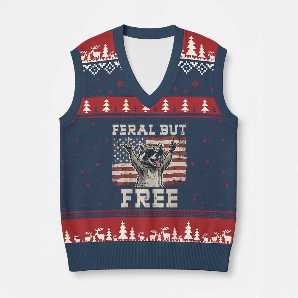 Feral But Free Funny Raccoon Patriotic V-Neck Knit Sweater Vest Cool American Flag Sunglasses Rock On Hand Signs Vintage USA Flag