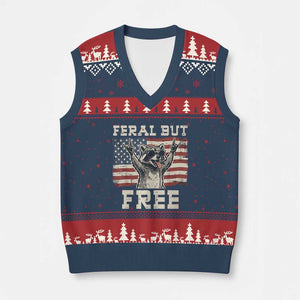 Feral But Free Funny Raccoon Patriotic V-Neck Knit Sweater Vest Cool American Flag Sunglasses Rock On Hand Signs Vintage USA Flag