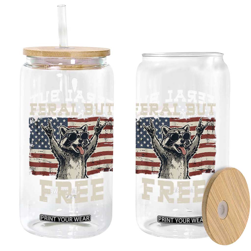 Feral But Free Funny Raccoon Patriotic Glass Can Cool American Flag Sunglasses Rock On Hand Signs Vintage USA Flag TS02 Print Your Wear