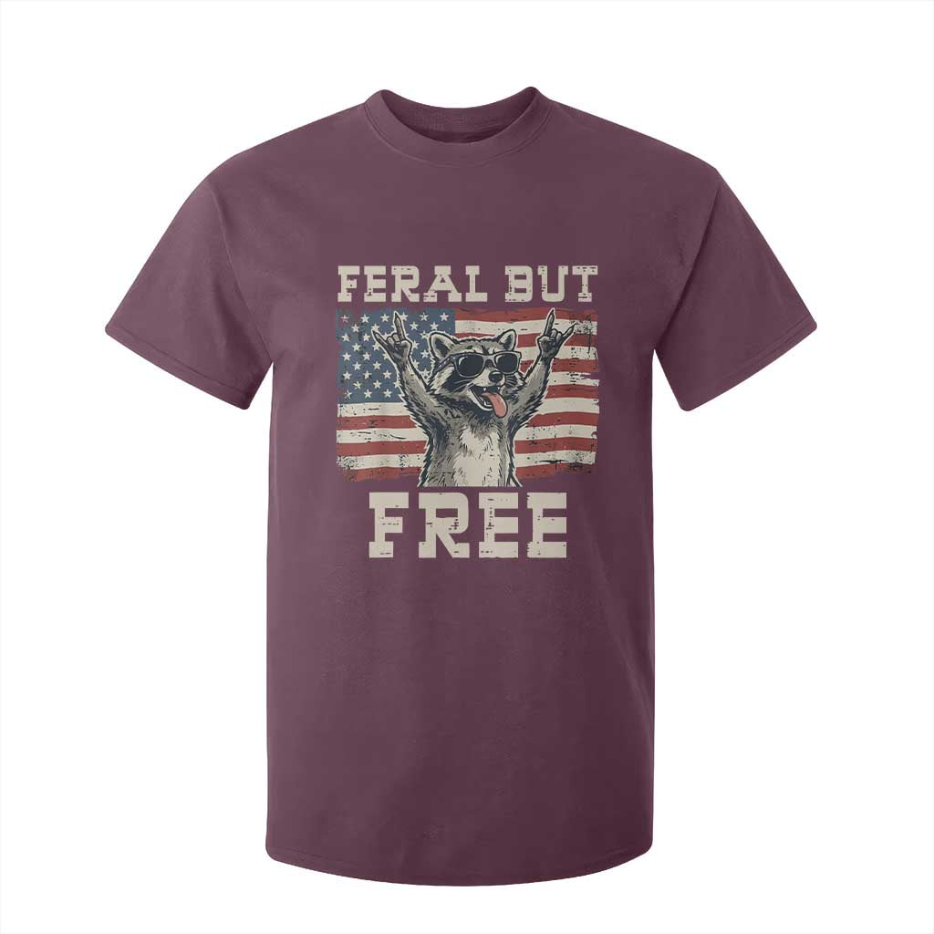 Feral But Free Funny Raccoon Patriotic T Shirt For Kid Cool American Flag Sunglasses Rock On Hand Signs Vintage USA Flag TS02 Maroon Print Your Wear