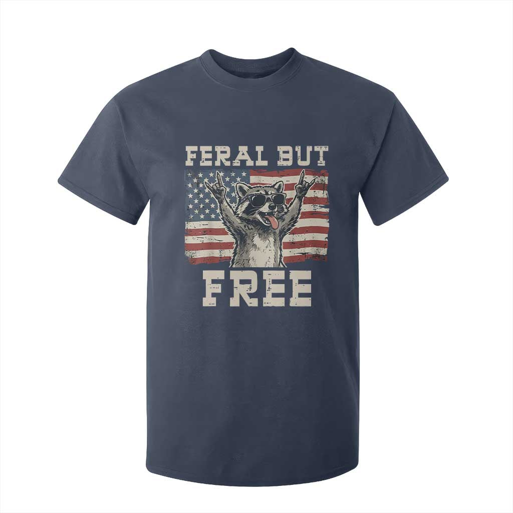 Feral But Free Funny Raccoon Patriotic T Shirt For Kid Cool American Flag Sunglasses Rock On Hand Signs Vintage USA Flag TS02 Navy Print Your Wear