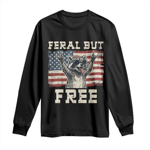 Feral But Free Funny Raccoon Patriotic Long Sleeve Shirt Cool American Flag Sunglasses Rock On Hand Signs Vintage USA Flag TS02 Black Print Your Wear