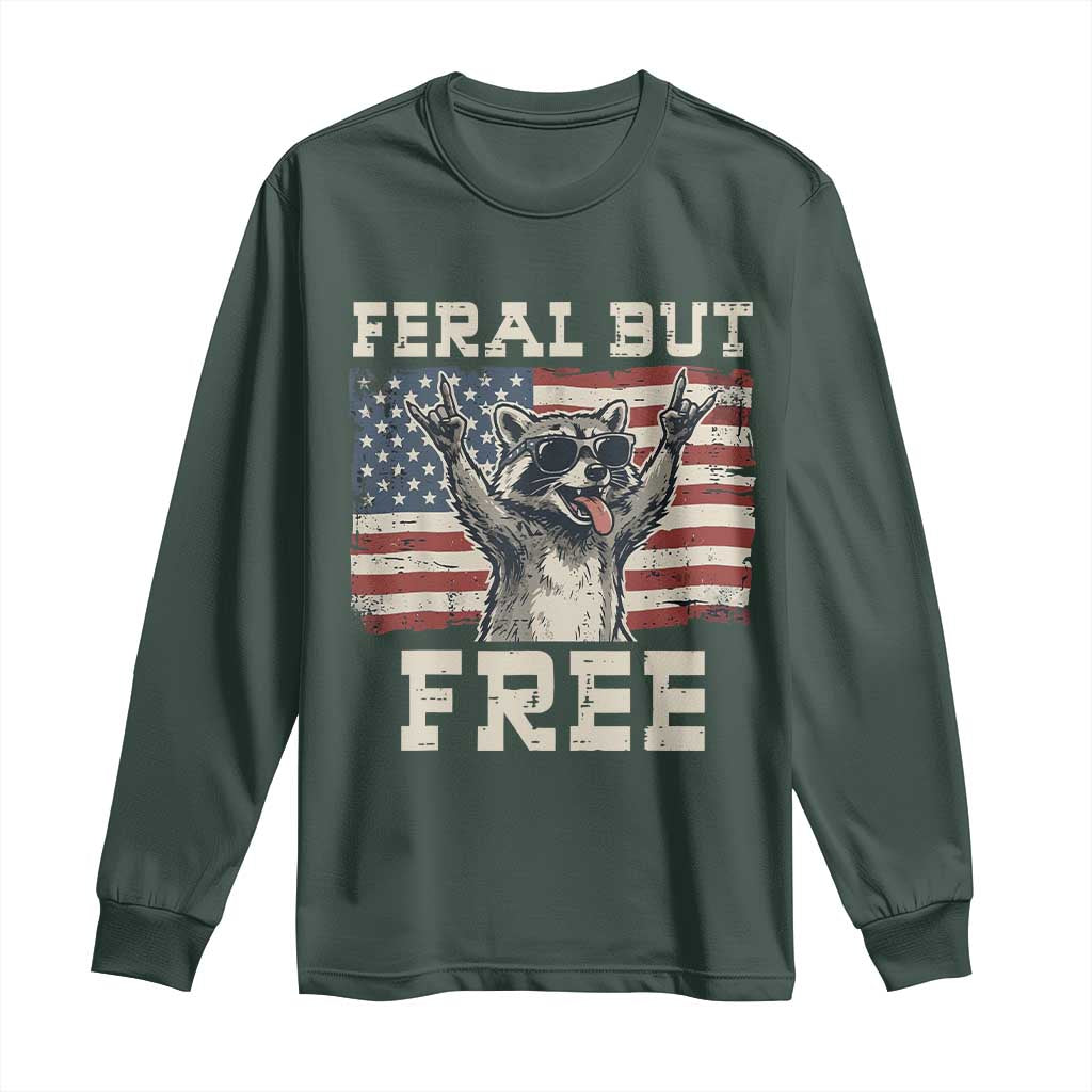 Feral But Free Funny Raccoon Patriotic Long Sleeve Shirt Cool American Flag Sunglasses Rock On Hand Signs Vintage USA Flag TS02 Dark Forest Green Print Your Wear