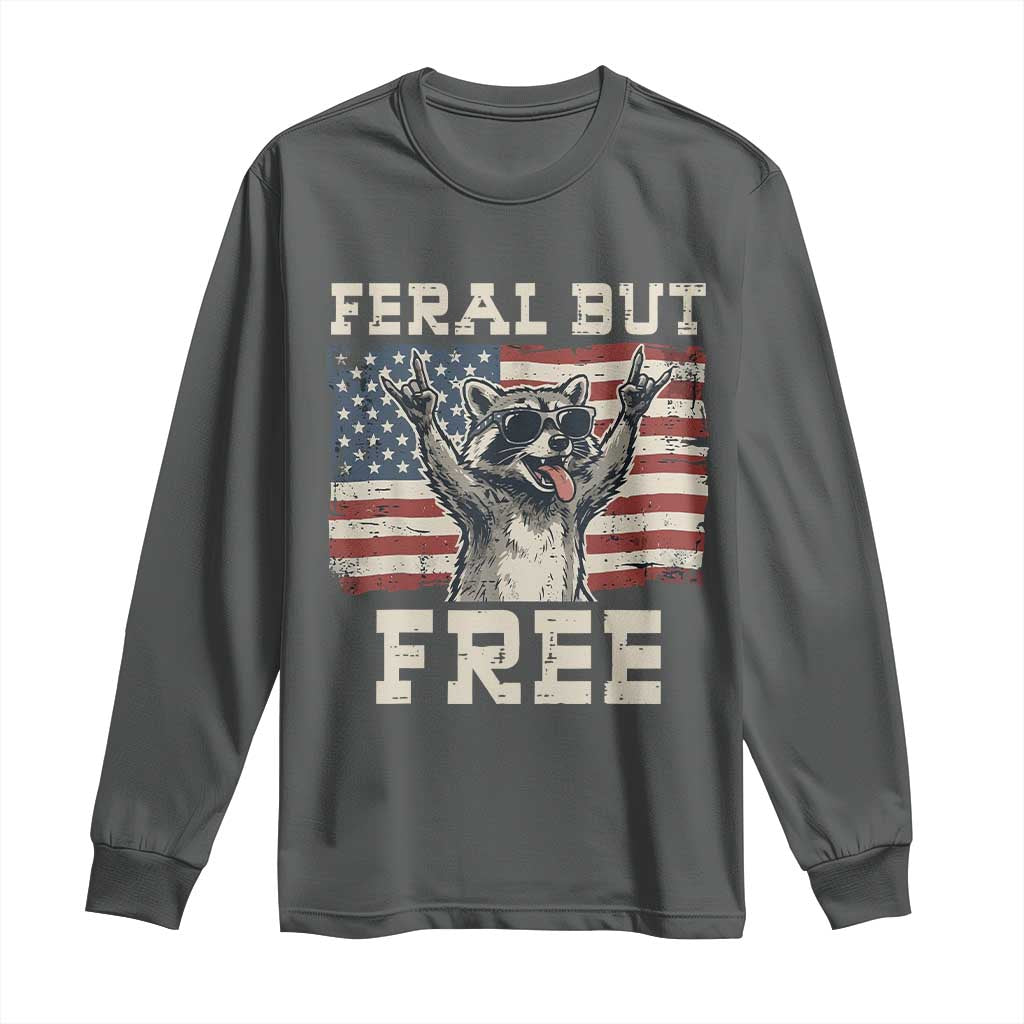 Feral But Free Funny Raccoon Patriotic Long Sleeve Shirt Cool American Flag Sunglasses Rock On Hand Signs Vintage USA Flag TS02 Dark Heather Print Your Wear