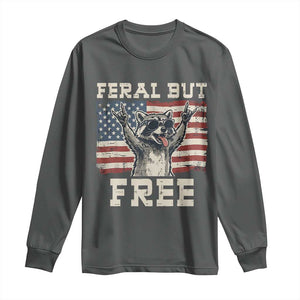 Feral But Free Funny Raccoon Patriotic Long Sleeve Shirt Cool American Flag Sunglasses Rock On Hand Signs Vintage USA Flag TS02 Dark Heather Print Your Wear